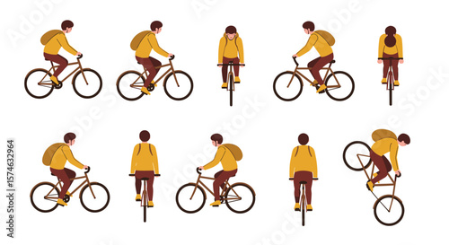 Flat style cyclist set: urban commuter in various riding positions and angles