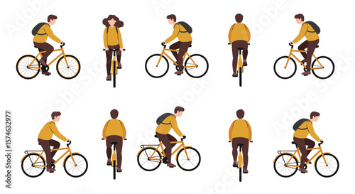 People cycling in various poses with backpacks on yellow bikes