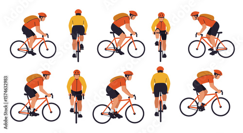 Cyclist in motion: diverse perspectives of riders in dynamic flat design