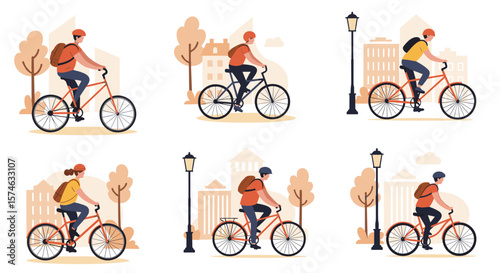 Urban bicycle commuters in autumn cityscape
