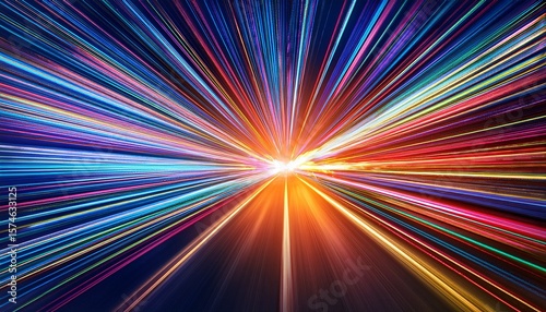 a vibrant burst of dynamic radiating light trails illuminates the dark background with brilliant energetic colorful streaks flowing outward rapidly