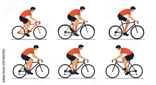 Cycling enthusiasts in isometric style: six bicyclists in motion