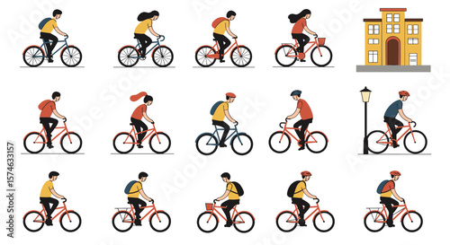 Colorful cyclists commuting in a city: flat style transportation visual