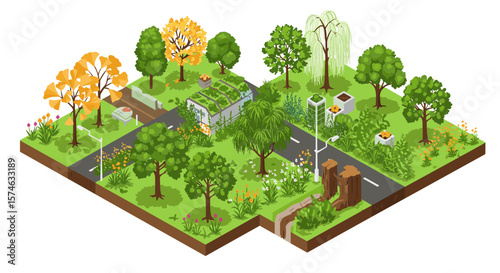 Isometric park scene with trees and pathways in autumn and spring