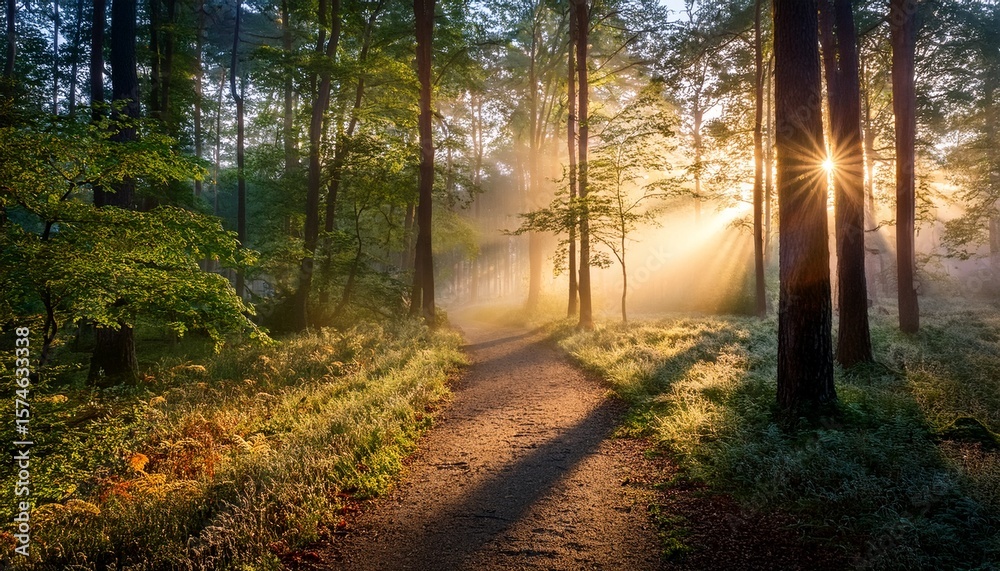 Fototapeta premium a tranquil path through a forest at sunrise with light filtering through the trees and illuminating the mist
