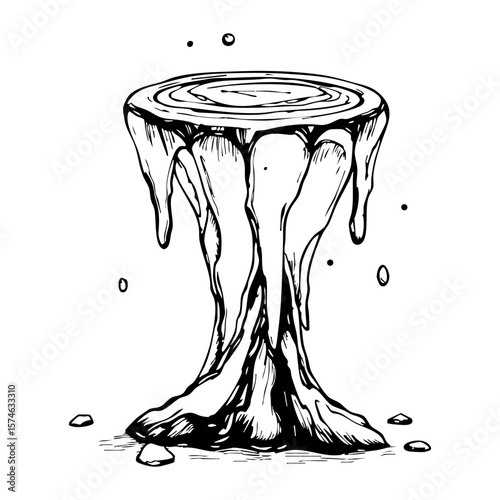 Hand drawn ink illustration of a melting circular platform with dripping substance and scattered droplets