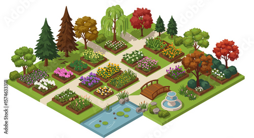 Isometric garden design with diverse trees and flower beds