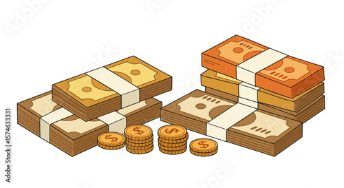 Stacks of money and coins in modern isometric style
