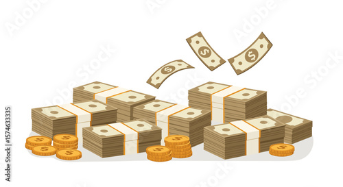 Piles of cash and coins falling with flying dollar bills