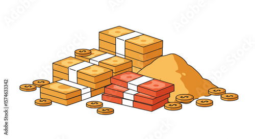 Financial success: cash stacks and gold coins in isometric design