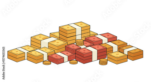 Pile of money with stacks of bills and coins in isometric style