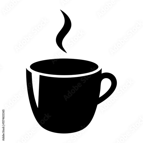 Hand drawn ink illustration of a simple black silhouette of a coffee cup with rising steam, symbolizing a hot beverage