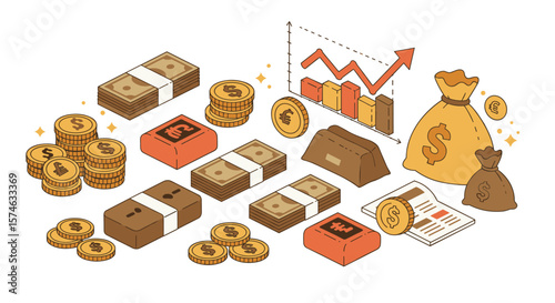 Isometric financial growth and currency symbols with money bags and coins