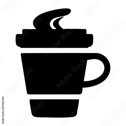 Hand drawn ink illustration of a simple silhouette of a coffee mug with whipped cream, representing a warm beverage