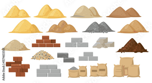 Construction material collection: sand, bricks, and cement bags