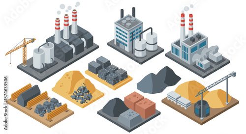 Isometric industrial complex with factories, storage, and construction elements