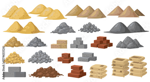 Construction materials collection: sand, gravel, bricks, and cement bags in various pile designs