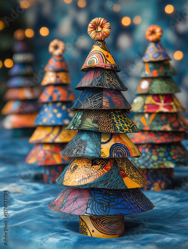 Indoor modern rustic abstract Christmas Tree with baubles and patterns