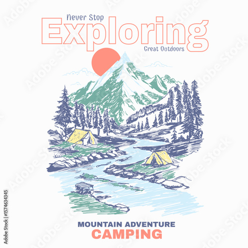 mountain tee shirt graphics in vector. exploring mountain slogan typograpy graphics. mountain adventure out door tee shirt design. camping t shirt