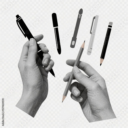 Collection of writing hands. Hand with pen, pencil or stylus. Gestures for writing, drawing, signing documents. Graphic elements in sticker art style