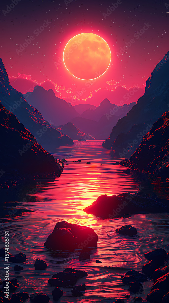 custom made wallpaper toronto digitalSurreal vibrant landscape with red sky and reflected moonlight on river