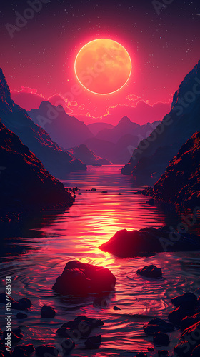 Wallpaper Mural Surreal vibrant landscape with red sky and reflected moonlight on river Torontodigital.ca