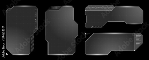 Sleek virtual frame design with black and white digital HUD window. Cyber dashboard interface blends infographic elements with holographic sci fi layout in modern style.