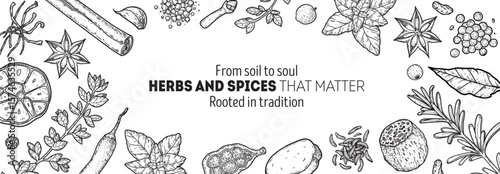 Classic black and white vector of herbs and spice elements drawn in an engraving style. Ideal for elegant culinary branding, organic product labels, and high-end restaurant identity.