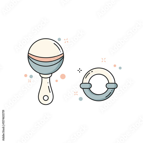 Baby rattle and teething ring in minimalist style with pastel colors  