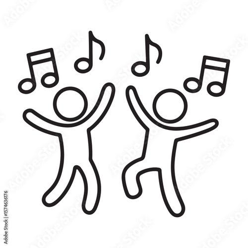 Two simple black line art figures dancing joyfully with musical notes floating around them