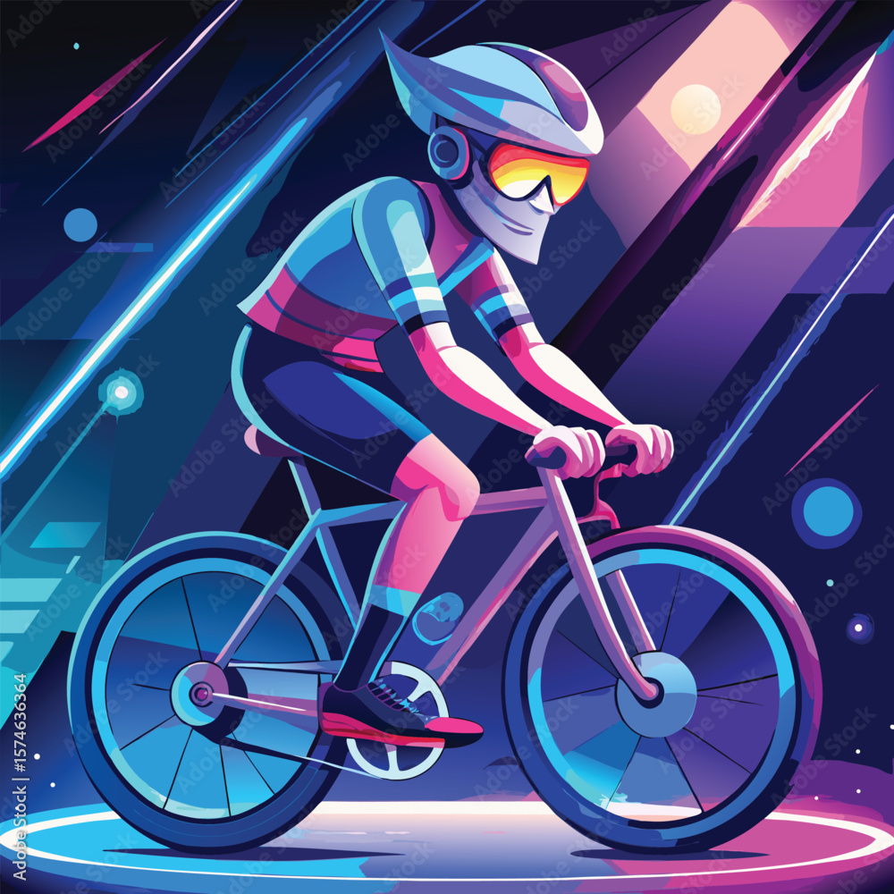 Fototapeta premium cartoon-character-riding-bicycle-under-neon-lights