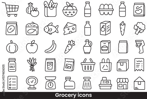Collection of Food, Grocery Store, and Market Outline Icons