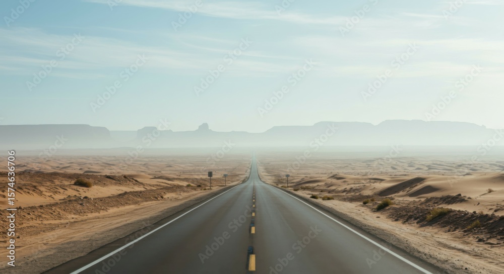 Fototapeta premium Isolated desert highway leading into an endless, misty distance beneath a cloudless sky. Copy space