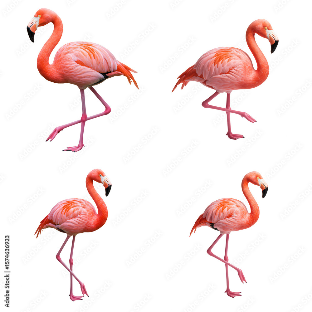 Obraz premium Four pink flamingos in different elegant poses, displayed against a black background. Each bird features long legs, curved necks, and black-tipped beaks—ideal for wildlife or fashion visuals