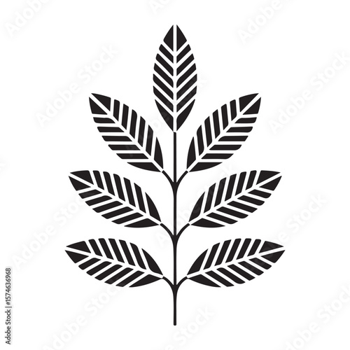 Stylized black leaf branch with parallel lines on a white background