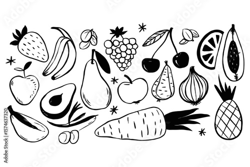 Set of black and white fruits elements. Marker or pen texture. Trendy jagged illustrations. Childish naïve tattoo. Vector scribble hand drawn icons