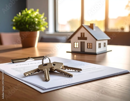 Keys, house model, and documents on a table