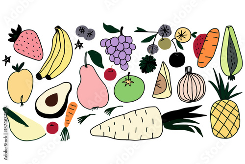 Set of black and white fruits elements. Marker or pen texture. Trendy jagged illustrations. Childish naïve tattoo. Vector scribble hand drawn icons