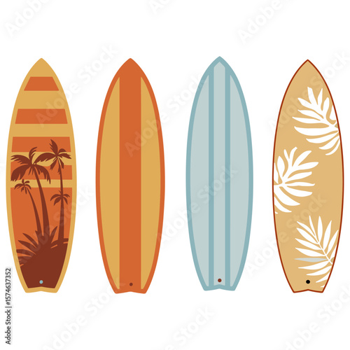 Set of cartoon surfboard vector illustration. Surfing icons on white background