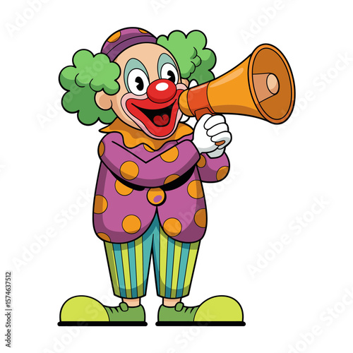 Vector Happy clown with megaphone announcing something exciting at a party