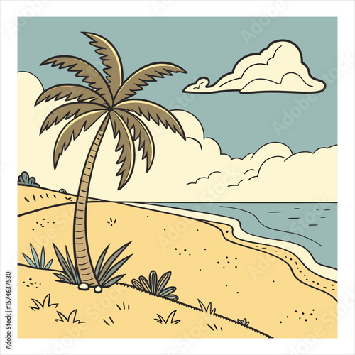 Tropical beach with palm trees and turquoise ocean waves in a stylized illustration
