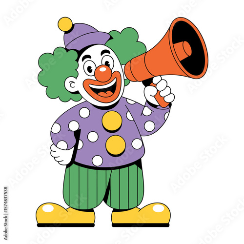 Vector Happy clown with megaphone announcing something exciting at a party