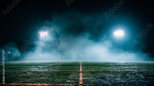 Eerie night fog settles over an empty american football field with bright stadium lights