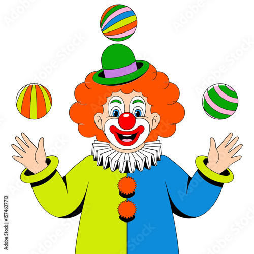 Vector Happy clown juggling colorful balls with a big smile and red wig