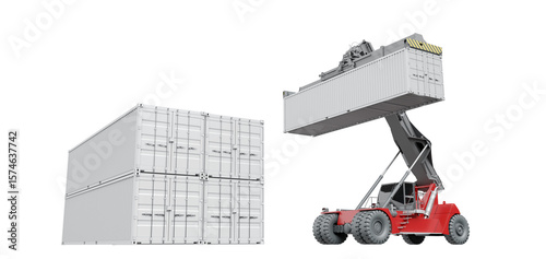 Photography Red reach stacker hoists and stacks a 40-foot container among other cargo containers