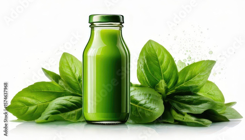 Green juice bottle with fresh basil leaves around it, symbolizing healthy and natural detox beverage