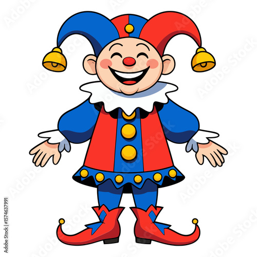 Vector Cheerful cartoon jester in colorful red and blue costume with bells