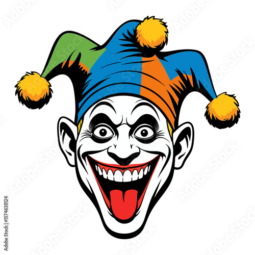 Vector Creepy jester face with wide grin and joker hat