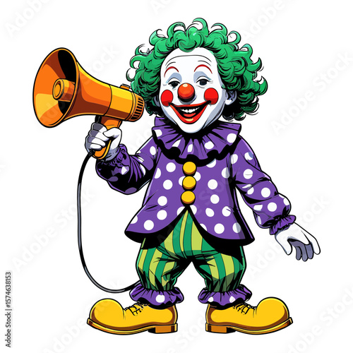 Vector Happy clown with green curly hair holding a megaphone announcing something