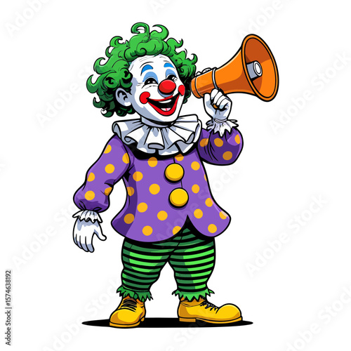 Vector Happy clown with green curly hair holding a megaphone announcing something